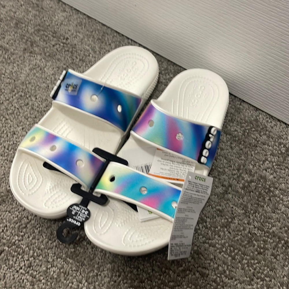 Crocs Two Strap Slides. Size 9. Blue and White.